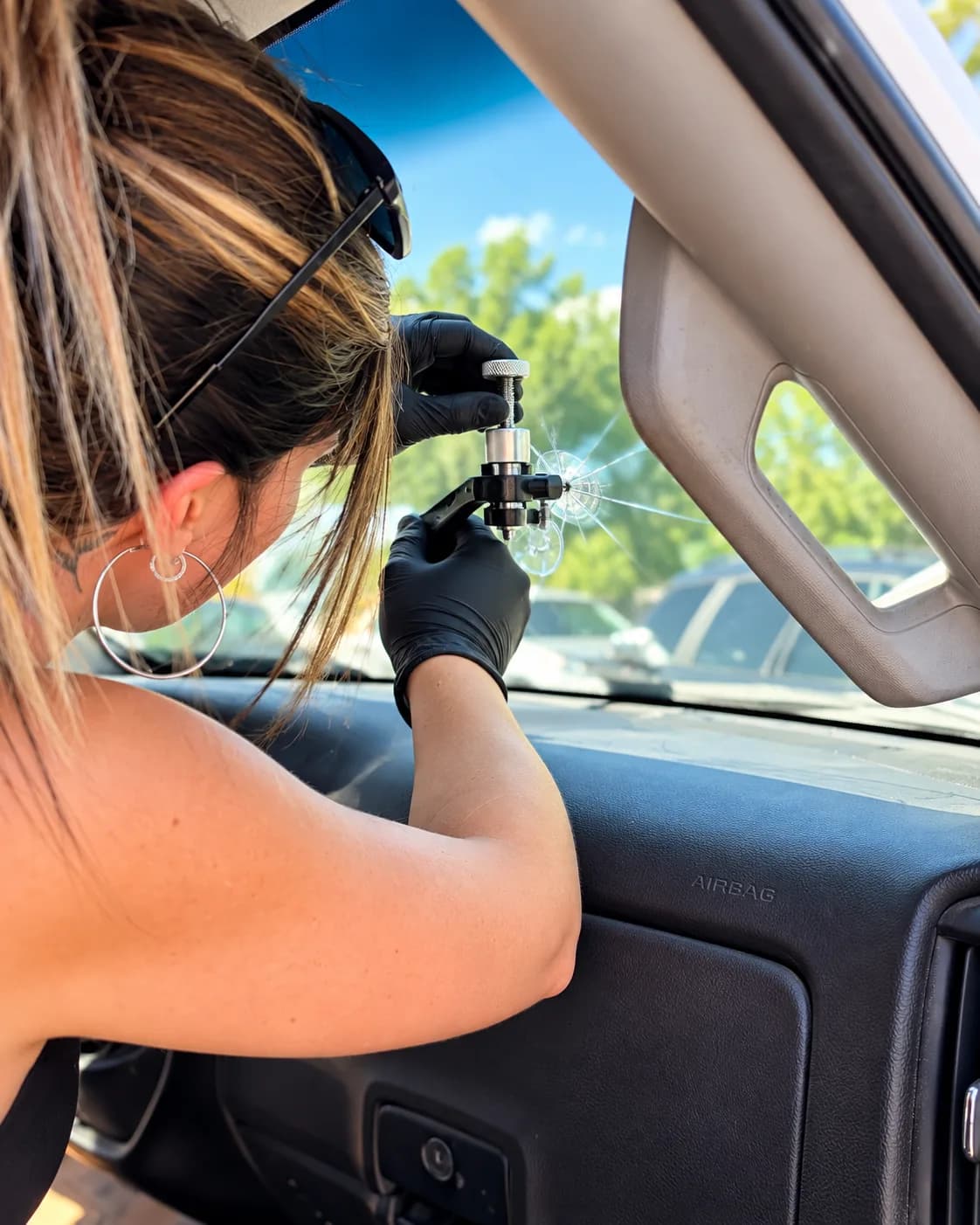 Windshield chip repair in progress